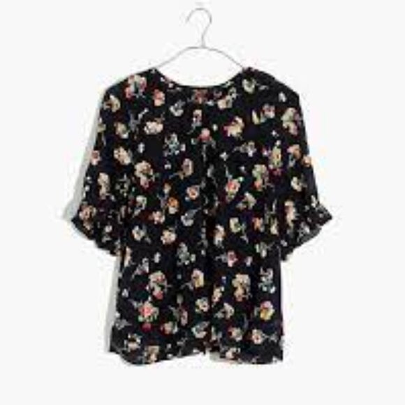 𝅺MADEWELL BNWOT Black Floral Vneck Ruffle Short Sleeve Top  Sz XSmall Silk - Picture 2 of 8